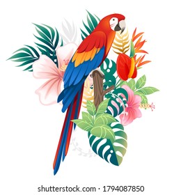 Cute Macaw parrot sit with green leaves and red flower head cartoon animal design flat vector illustration isolated on white background