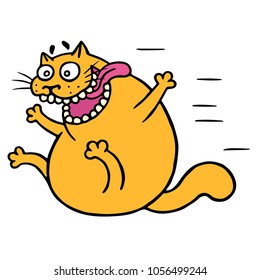 Cute mad cat flies with joy. Vector Illustration. Funny cartoon animal character hurry up.