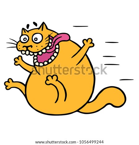 Cute mad cat flies with joy. Vector Illustration. Funny cartoon animal character hurry up.