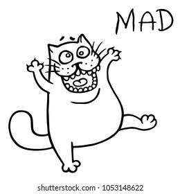 Cute mad cat. Vector illustration. Funny cartoon animal pet character.