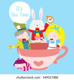 Cute Mad Hatter Tea Party With Alice, White Rabbit And Cheshire Cat In Isolated Blue Background Vector Illustration