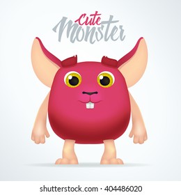 Cute magenta monster rabbit with big ears. Fun spooky fat character isolated on light background. Silly cartoon alien mouse
