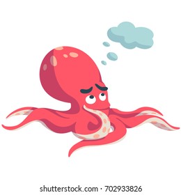 Cute magenta octopus thinking about something with cloud