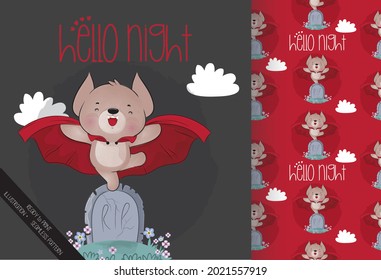 Cute magic bat on the cemetery happy Halloween with seamless pattern