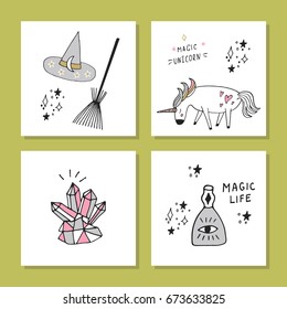Cute magic cards. Cartoon collection of handdrawn magic elements isolated on white. Vector illustration with hand drawn lettering