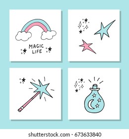 Cute magic cards. Cartoon collection of handdrawn magic elements isolated on white. Vector illustration with hand drawn lettering