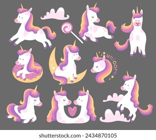 Cute magic cartoon animal, pretty happy unicorn with rainbow hair, little pony isolated set. Adorable childish horse for birthday greeting card design baby shower invitation poster vector illustration