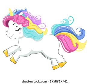 Cute magic cartoon unicorn. Illustration for children.Isolated on white background. Vector illustration