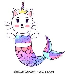 Cute magic cat unicorn and mermaid. Vector cartoon illustration. Element for card