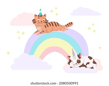 Cute magic cats with horn concept. Colorful poster with fluffy kittens lying on rainbow, stars and clouds. Design element for social media and children clothes. Cartoon flat vector illustration