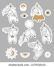 Cute magic celestial unicorn sticker pack. Vector illustration.