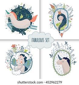 Cute magic collection with princess, unicorn, rainbow, dragon, fairy wings. Dream Spring illustration. Vector isolated illustration on white.