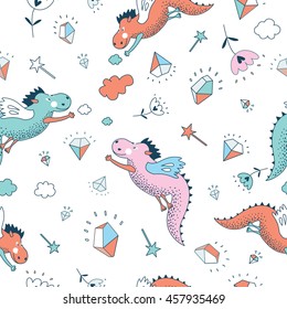 Cute magic collection with princess, unicorn, rainbow, dragon, fairy wings. Dream Spring illustration. Vector isolated illustration on white.