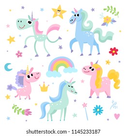Cute magic collection with unicorn character isolated on white. Vector set with magic horse with horn and fairy elements - rainbow, stars, flowers used for kids magazine, children book, stickers.
