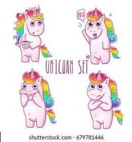 Cute magic collection with unicorn, love , angry, hi, hello, need more coffe, smile, offended. Sticker, set svg