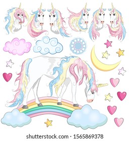 cute magic collection with unicorn, rainbow, fairy. Magic cute unicorn, stars, clouds and moon poster, greeting card, illustration with outline