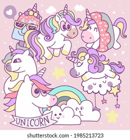 cute magic collection with unicorn, rainbow, fairy wings