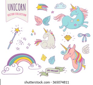 cute magic collection with unicorn, rainbow, fairy wings