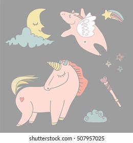 cute magic collection with unicorn rainbow fairy wings