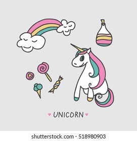 Cute magic collection with unicorn, rainbow, milk and sweets. Vector elements for design.