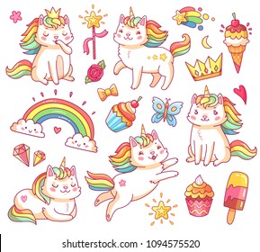 Cute magic colorful fairytale funny unicorn cats in crown, sweet cupcakes, ice cream, rainbow and clouds. Cartoon fairy smiling cat creature, kitty with color tail vector set illustration