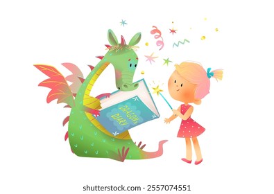 Cute magic dragon reading fairytale book and little girl listen to a fairy tale story . Dragon reading book and girl holding magic wand. Vector characters illustration for children story or library.