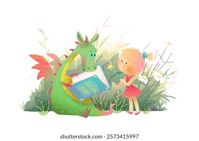 Cute magic dragon reading fairytale book and little girl in magic nature landscape. Dragon reading book and girl holding magic wand. Vector characters illustration for children story or library.