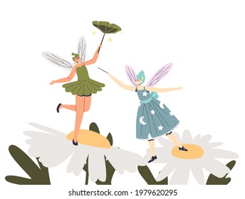 Cute magic fairies with white wings on chamomile. Tiny magical elves or forest pixies cartoon characters. Little angels woman butterfly. Flat vector illustration