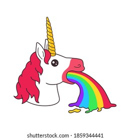 Cute Magic Fantasy Cartoon Unicorn Head Puke Rainbow Vomit Sticker Vector Isolated