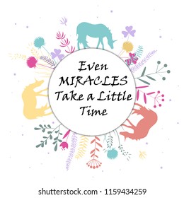 Cute magic frame composed of unicorns and doodle hand drawn flowers. Cute greeting card, banner template, textile print. Vector illustration