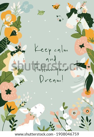 Cute magic frame composed of unicorns and flowers