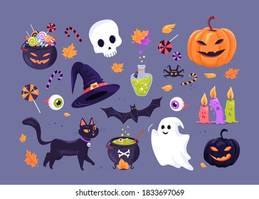 Cute magic halloween cartoon characters and decoration 