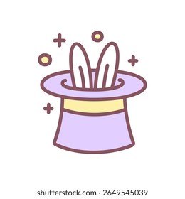 Cute magic hat icon. Wizard conjure cylinder with white bunny ears popping out. Kawaii sticker. Vector 10 EPS.