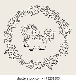 Cute magic kawaii unicorn in wreath of flowers. Black and white illustration for coloring book. Vector illustration.
