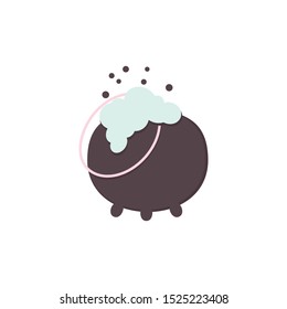 Cute Magic kettle of wicked Witch. Halloween Hot Pan icon isolated on white. Traditional Cartoon Potion boiler with a poison. Holidays card, sticker, banner. Printable flat style Vector Illustration