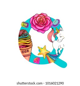 Cute magic letter C vector illustration with icecream and rose