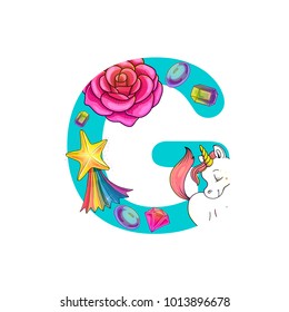 Cute magic letter G vector illustration with rose, unicorn and star