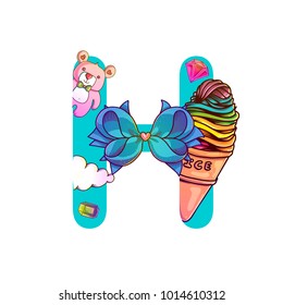 Cute magic letter H vector illustration with bow and icecream
