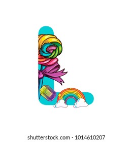 Cute magic letter L vector illustration with lollipop and rainbow