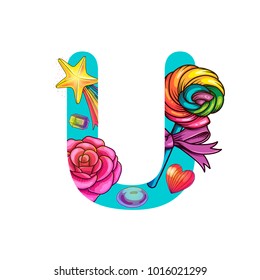 Cute magic letter U vector illustration with lollipop and rose