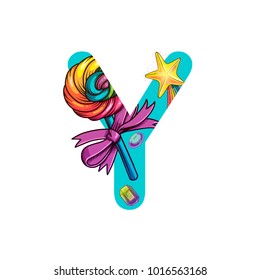 Cute magic letter Y vector illustration with lollipop