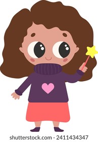 Cute magic little girl in kawaii style with wand and heart on her sweater. Cartoon vector isolated element for print and design