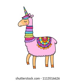 Cute magic llamacorn illustration. Llama with a unicorn horn.