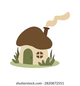 Cute magic mushroom house with chimney and smoke. Fairy tale forest dwelling for kids, fantasy nature design elements. Flat vector illustration isolated on white background.