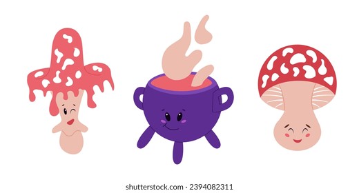 Cute magic mushrooms and cauldron characters. Vector funny characters with kawaii faces in flat cartoon style. Perfect for printout, stickers, prints, patterns