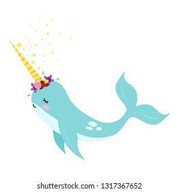 Cute magic  narwhal on whte backgroun vector illustration