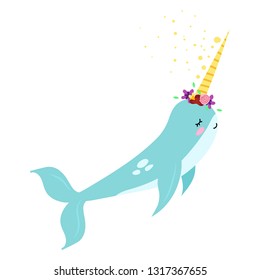 Cute magic  narwhal on whte backgroun vector illustration