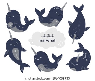 Cute magic narwhals collection, mystical celestial baby whale set. Astrology sea animals with stars, moon and constellation modern trendy vector illustration, flat cartoon style on white background