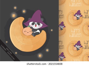 Cute magic panda on the moon happy Halloween with seamless pattern