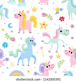 Cute magic pattern with unicorn isolated on white. Vector seamless pattern with magic horse with horn and fairy elements - rainbow, stars, flowers used for kids magazine, children book, textile.